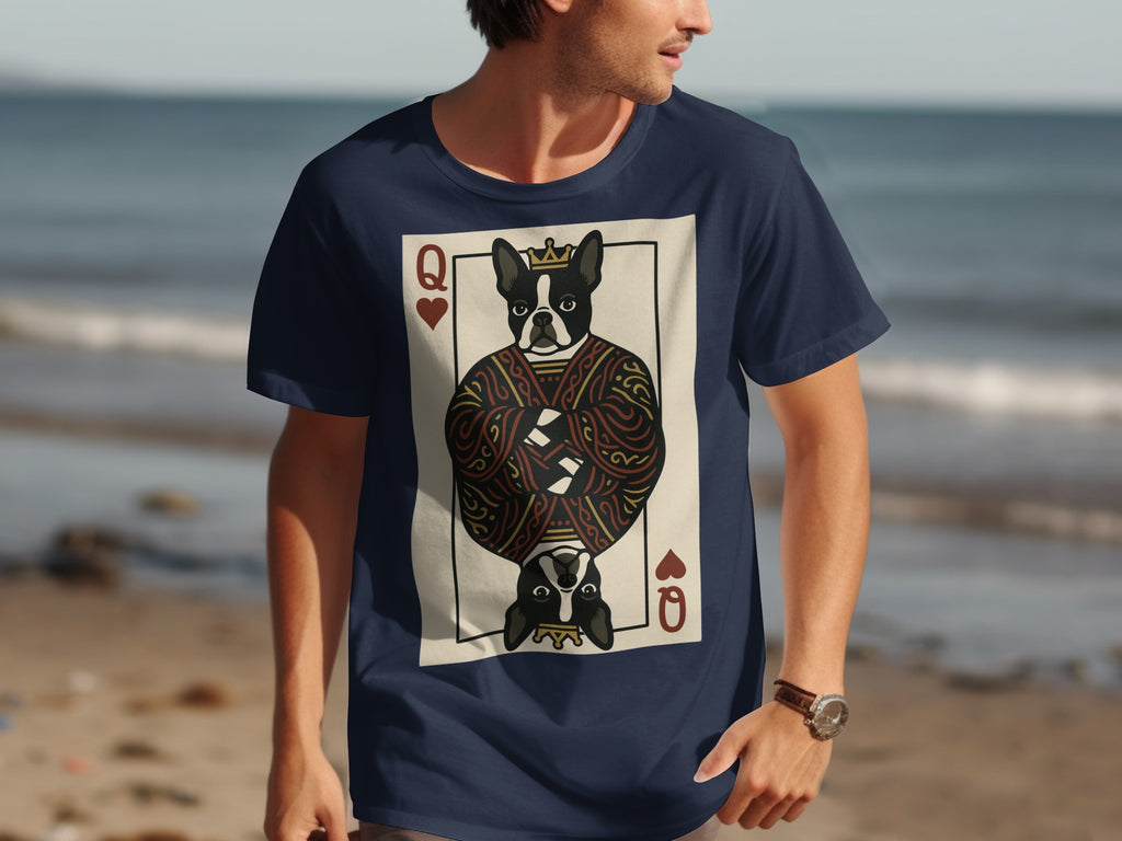T-shirt with a Queen of Hearts playing card featuring a Boston Terrier.