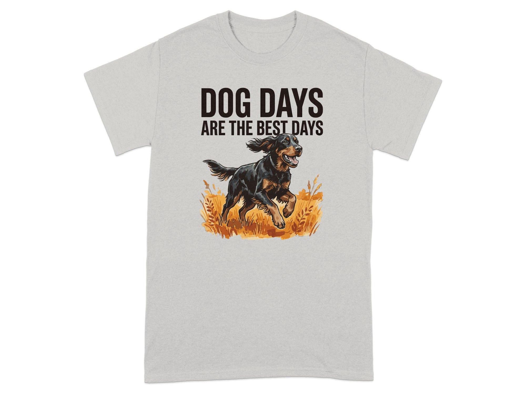 Light grey t-shirt with "DOG DAYS ARE THE BEST DAYS" and running dog graphic.
