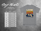 Gildan 5000 size chart with t-shirt displaying "Low Power Mode, Do Not Disturb."