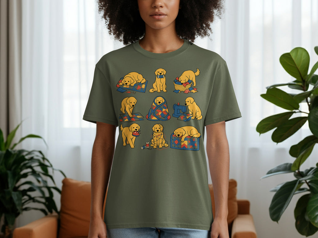 T-shirt with nine illustrations of golden retrievers doing various sewing and quilting activities.
