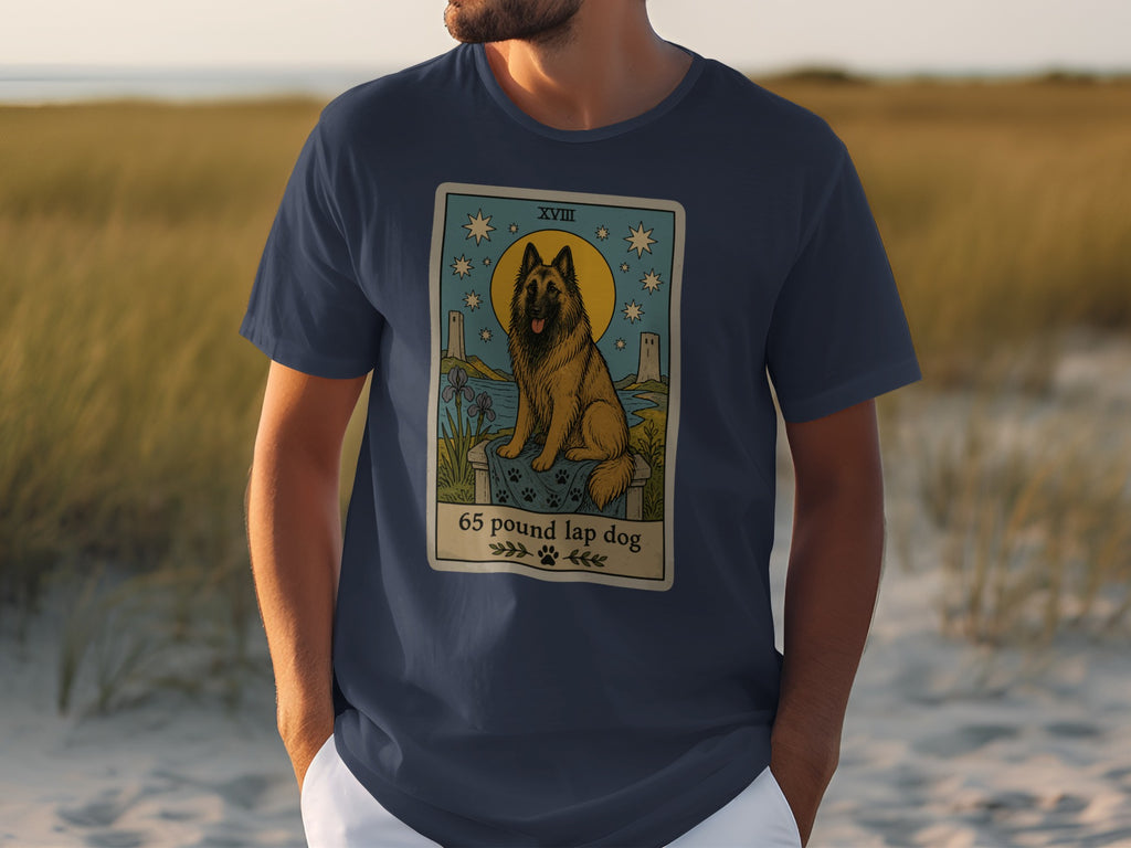 Dark blue t-shirt with a tarot card design featuring a dog and text.