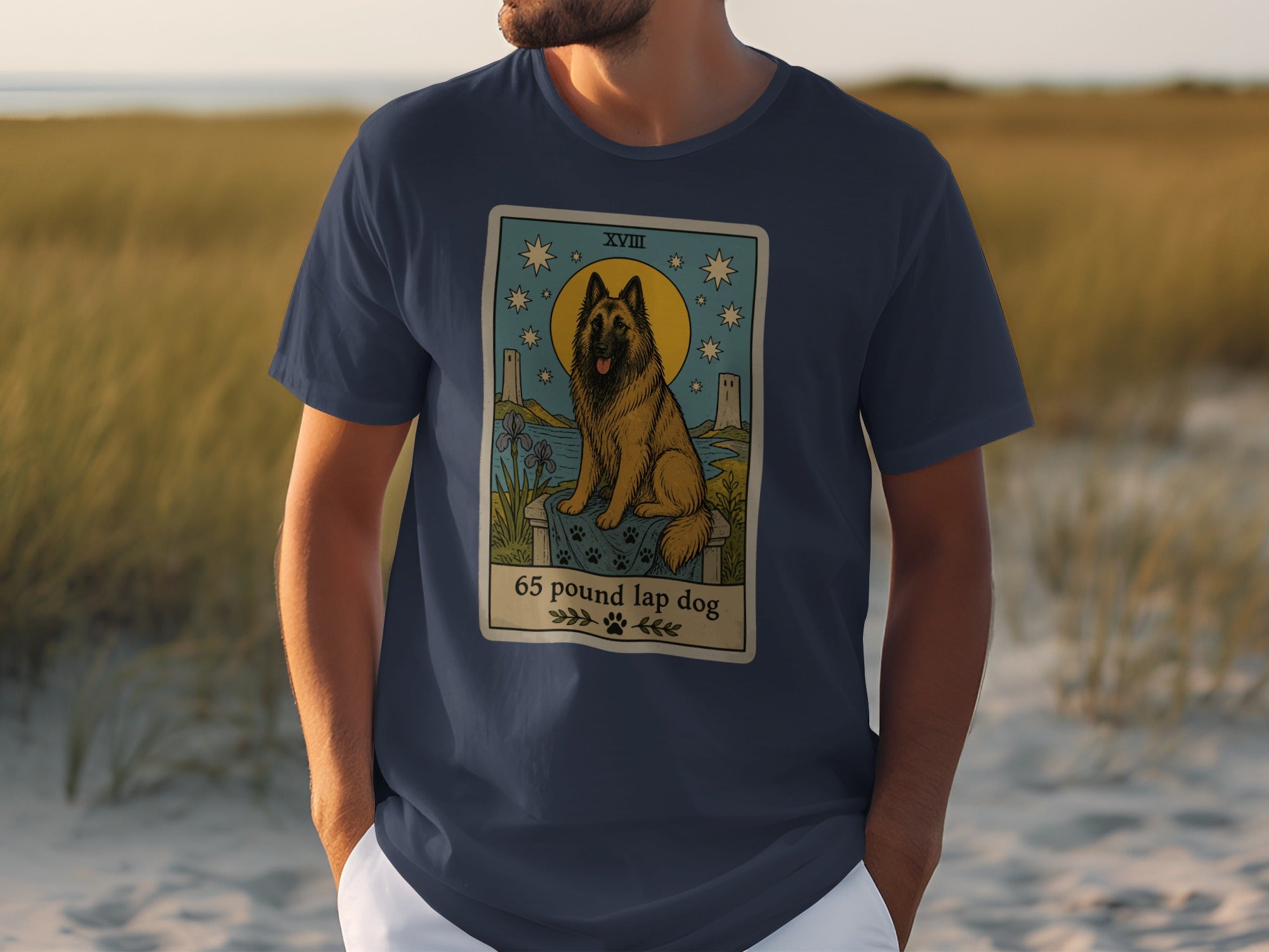 Dark blue t-shirt with a tarot card design featuring a dog and text.