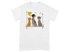 Three dogs in a geometric mid-century modern style illustration on a t-shirt.
