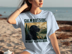 Black Labrador on a shirt with text "CALM OUTSIDE. INTENSELY ATTACHED INSIDE."
