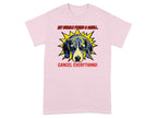 Pink t-shirt with a comic-style beagle illustration and text.