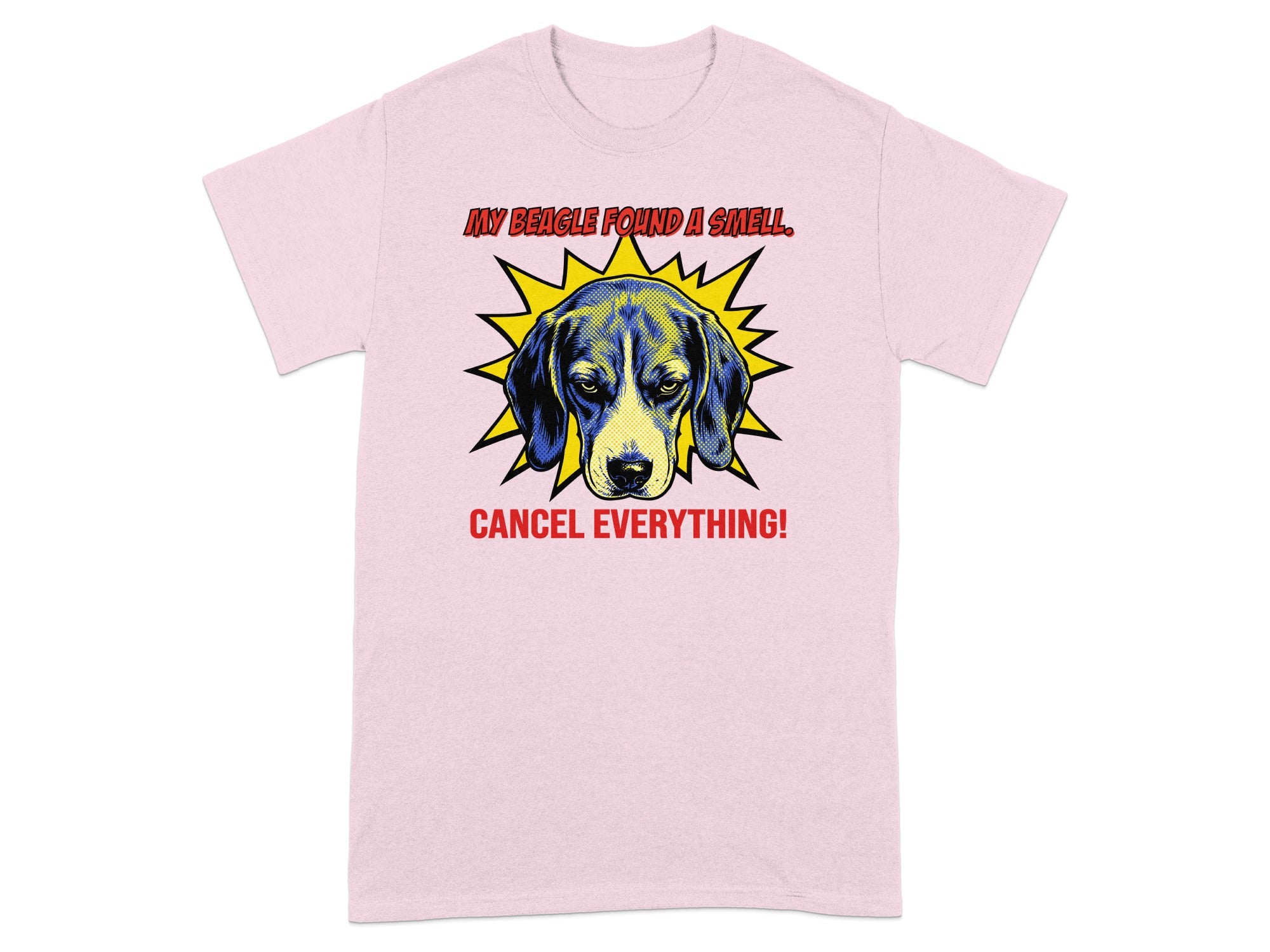 Pink t-shirt with a comic-style beagle illustration and text.