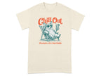 Cream t-shirt with a corgi relaxing in a beach chair, holding a drink, with text "Chill Out".