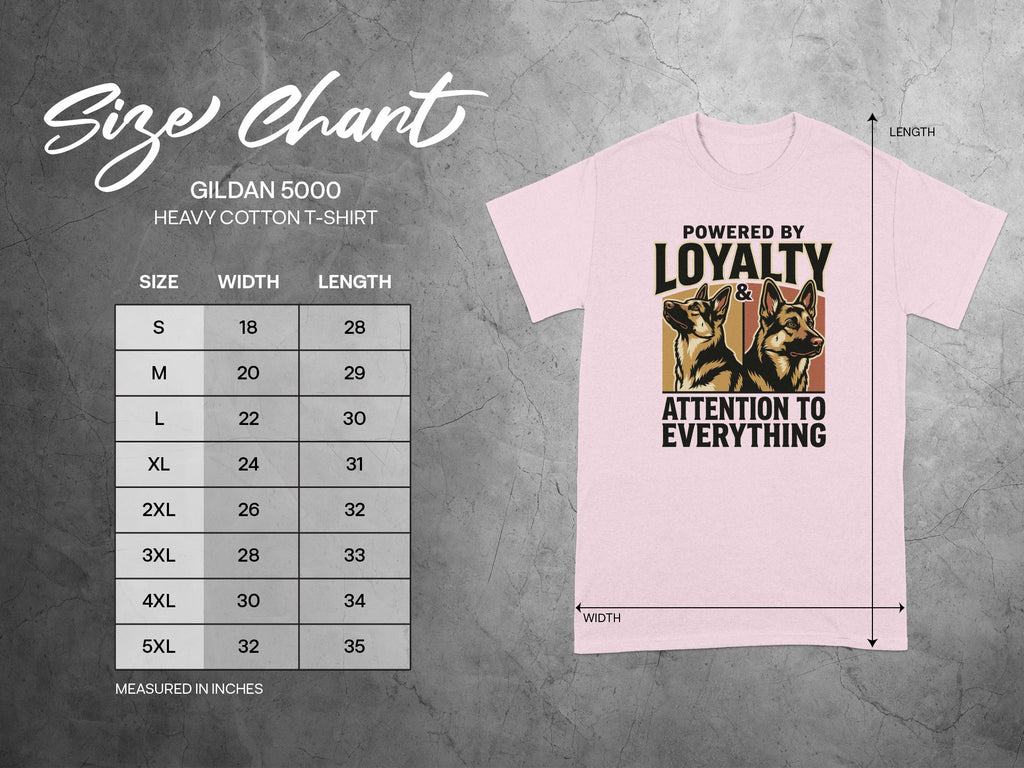 Gildan 5000 t-shirt size chart with "Powered by Loyalty" graphic.