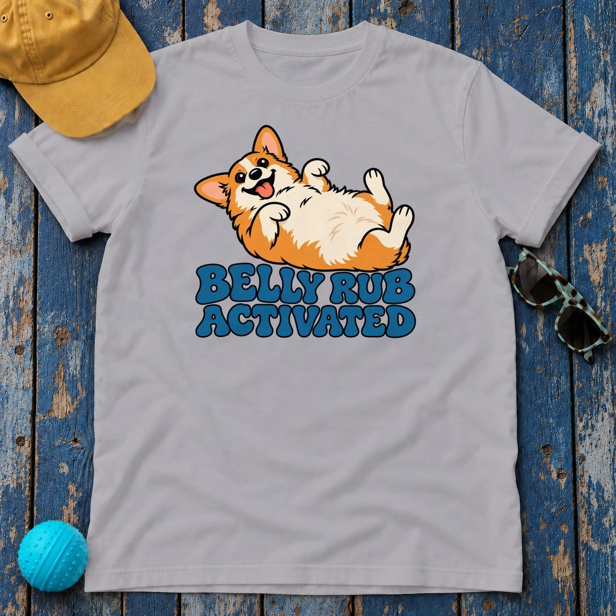 Belly Rub Activated Corgi T-Shirt in Athletic Heather - flat lay