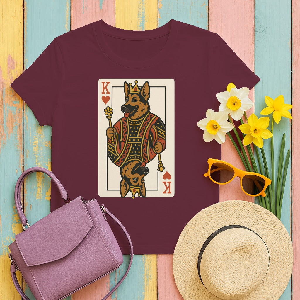 King German Shepherd Playing Card Game Design T-Shirt in Maroon