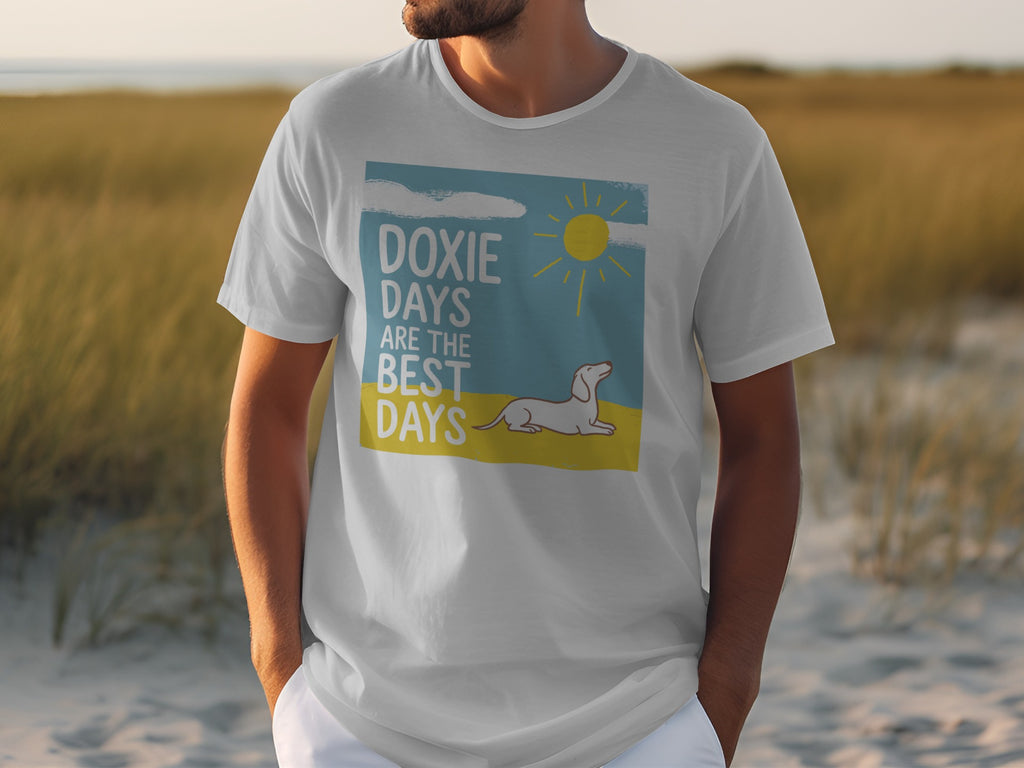 White t-shirt with dachshund graphic and text "Doxie Days Are The Best Days".