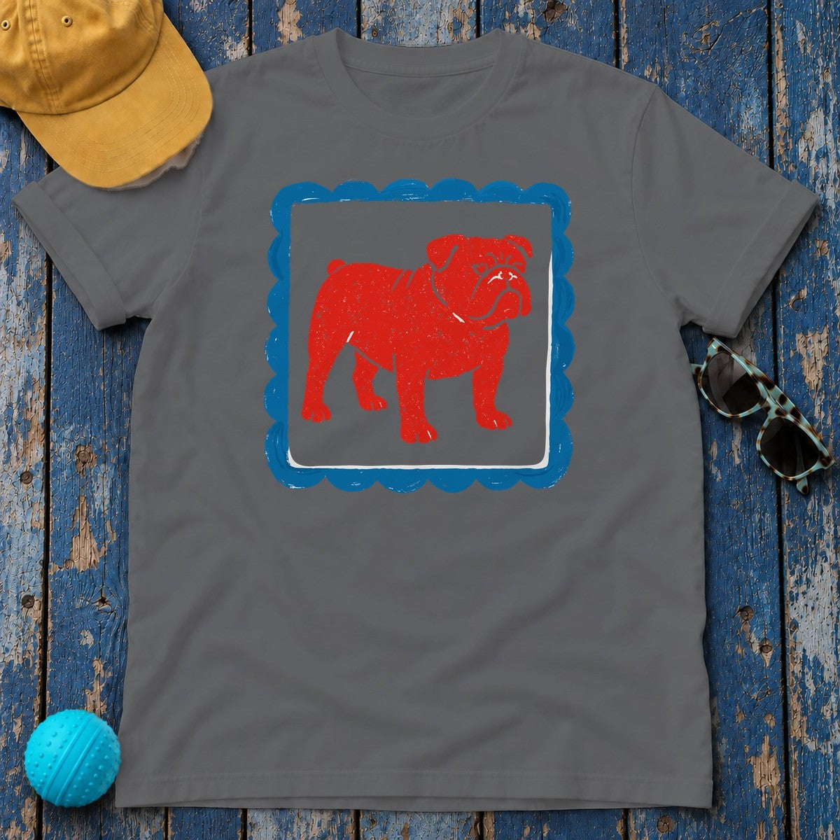 Red Bulldog on Blue Border Doodle Drawing Art T-Shirt in Graphite Heather