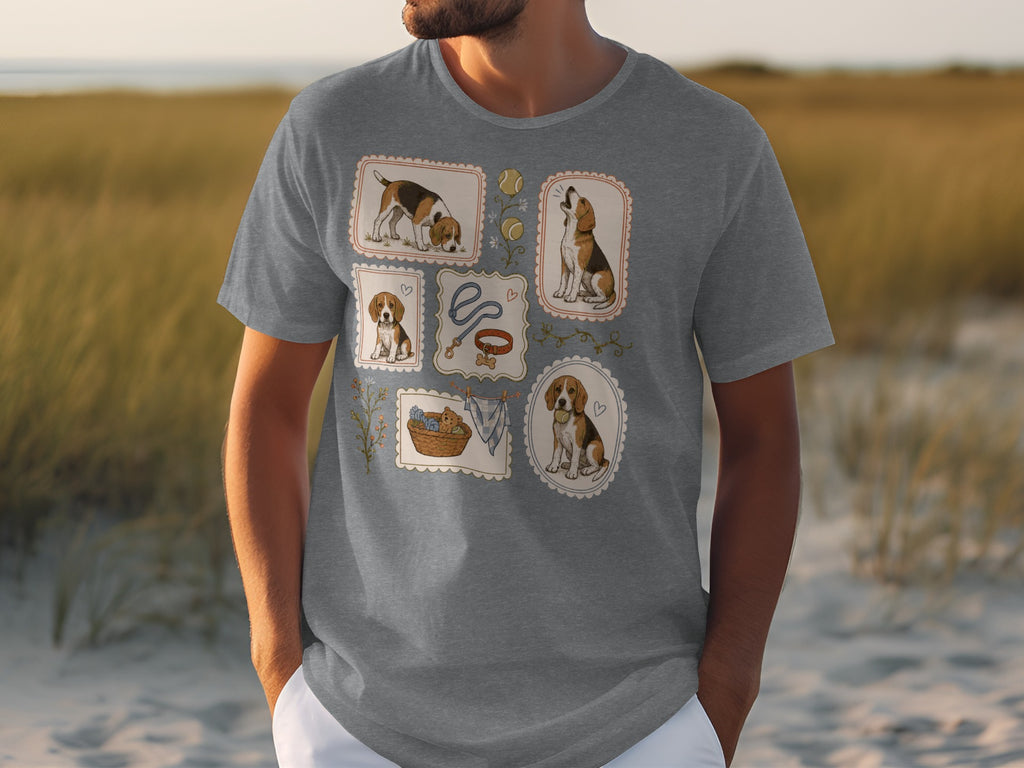 Grey t-shirt featuring five framed illustrations of beagles and dog accessories.