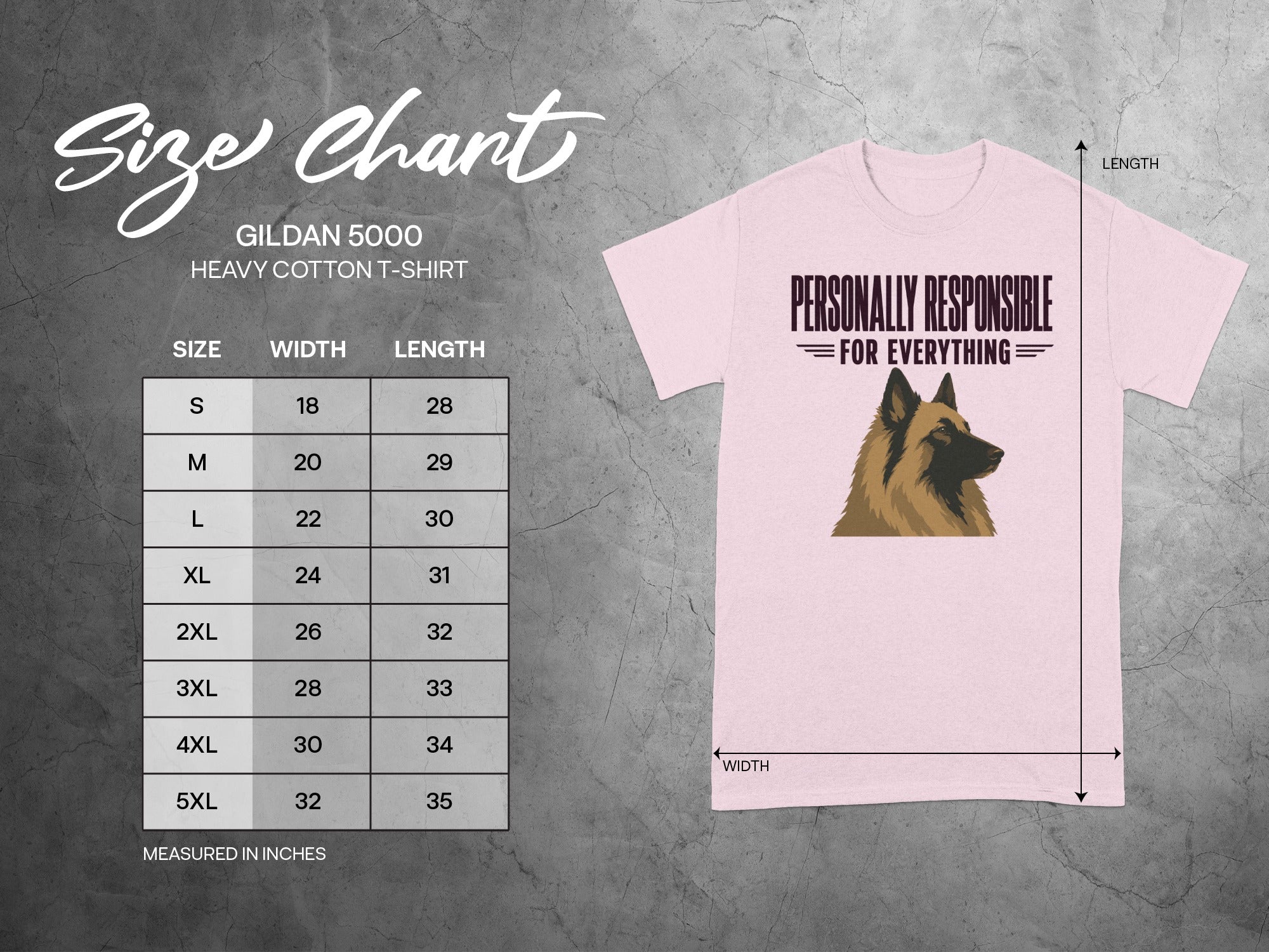 Gildan 5000 heavy cotton t-shirt size chart with German Shepherd graphic.