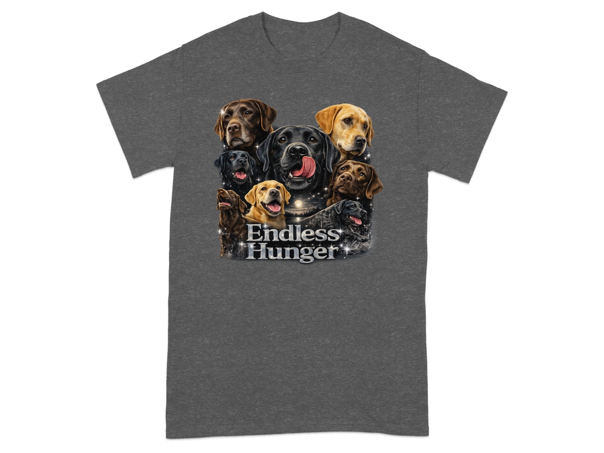 T-shirt featuring a collage of nine Labrador retrievers with the text "Endless Hunger."