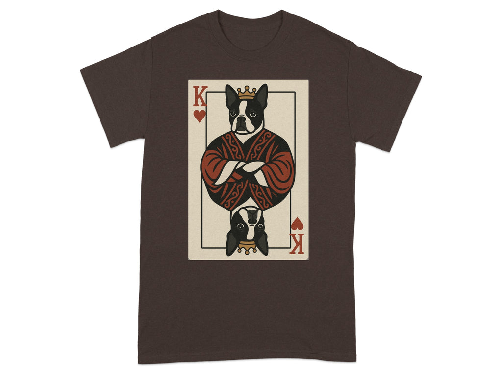 T-shirt with a King of Hearts playing card featuring a Boston terrier wearing a crown and robe.