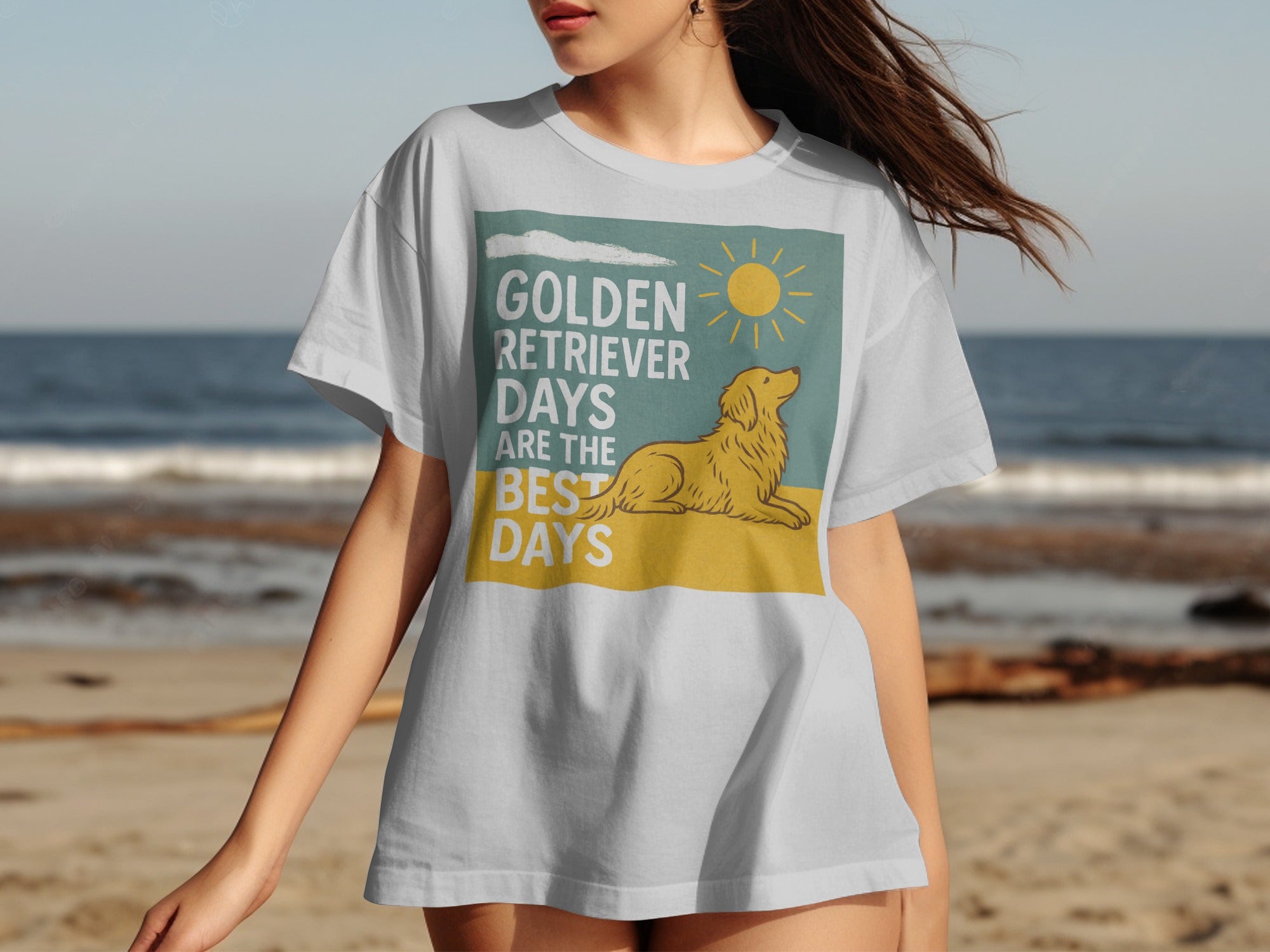 White t-shirt with "Golden Retriever Days are the Best Days" text and graphic.