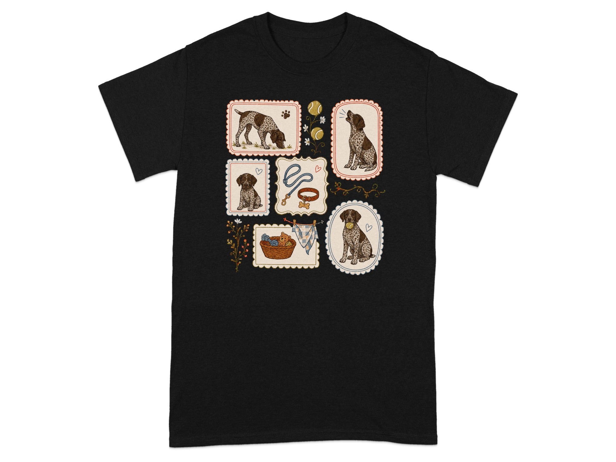 T-shirt featuring decorative stamps with German Shorthaired Pointers and dog-related items.