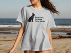 White t-shirt with black Boston Terrier silhouette and text.
