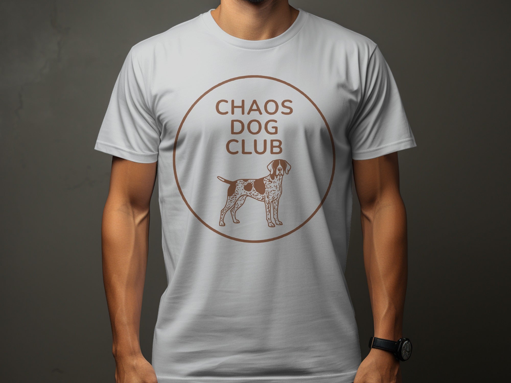 White t-shirt with "Chaos Dog Club" logo featuring a dog silhouette.