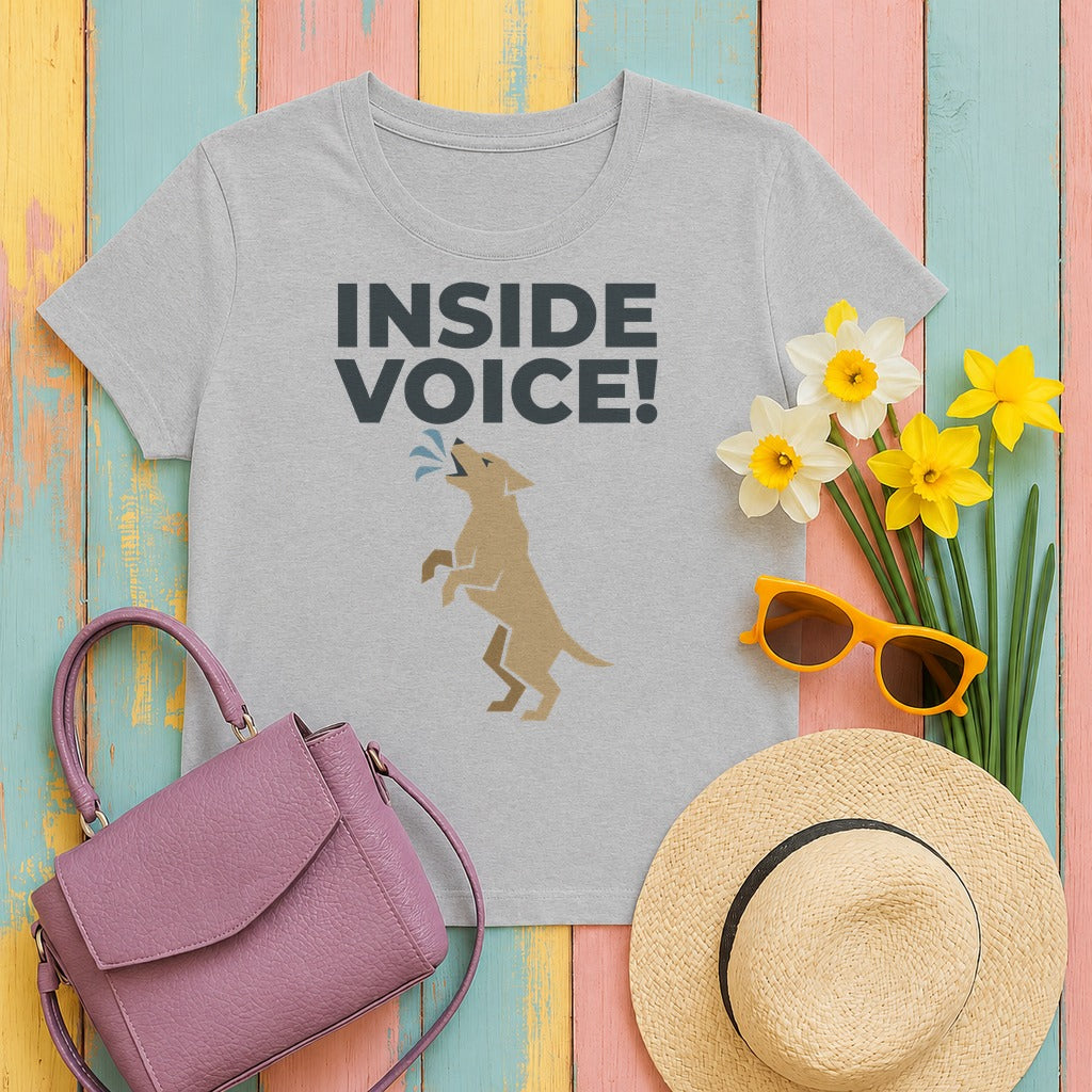INSIDE VOICE! Funny Barking Dog Humor T-Shirt in Sport Grey