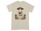 UFO beam abducts pug over desert landscape in brown sketch style.