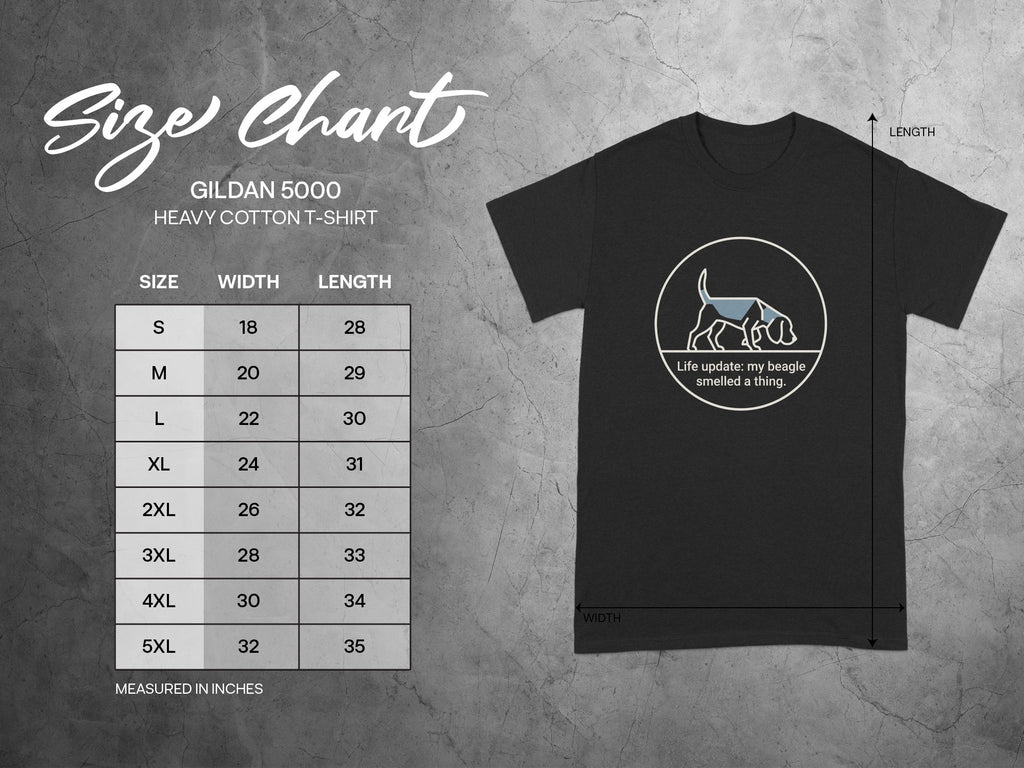 Gildan 5000 Heavy Cotton T-Shirt size chart with beagle graphic.
