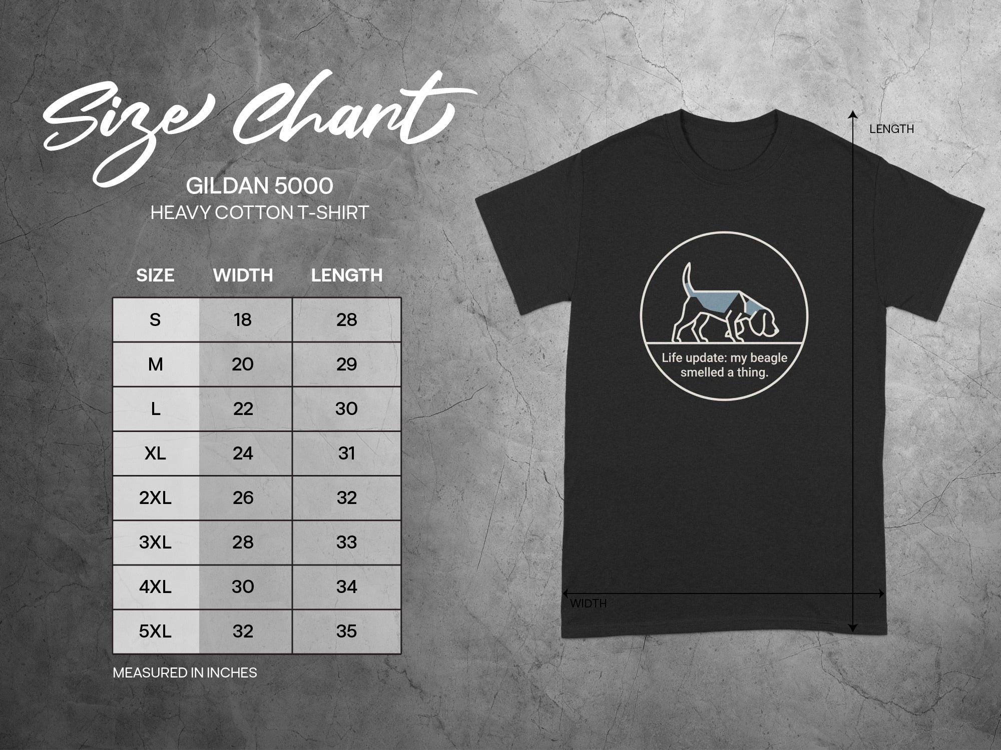 Gildan 5000 Heavy Cotton T-Shirt size chart with beagle graphic.