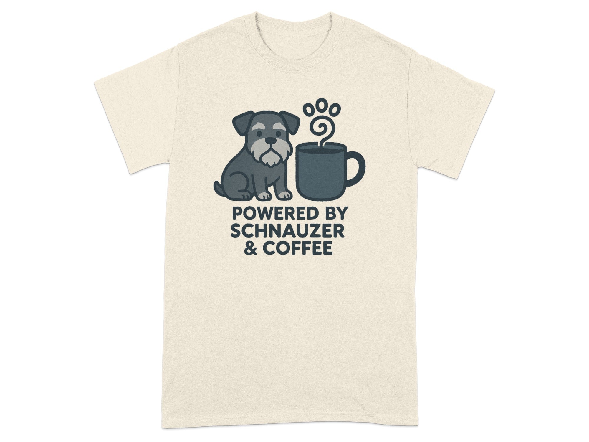 Schnauzer dog and coffee mug graphic with text "Powered by Schnauzer & Coffee."