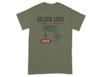 T-shirt with "Golden Logic" flowchart about barking.