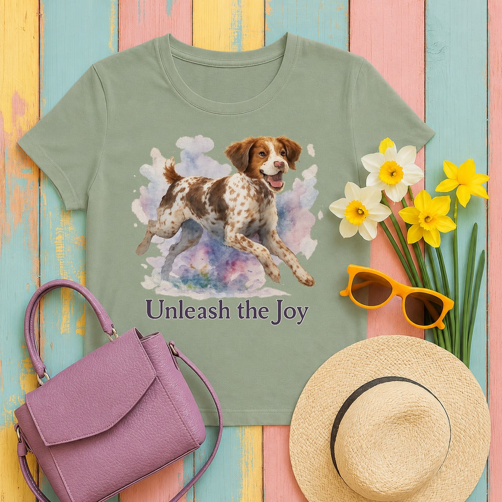 Brittany Spaniel Unleash the Joy T-shirt in Sage