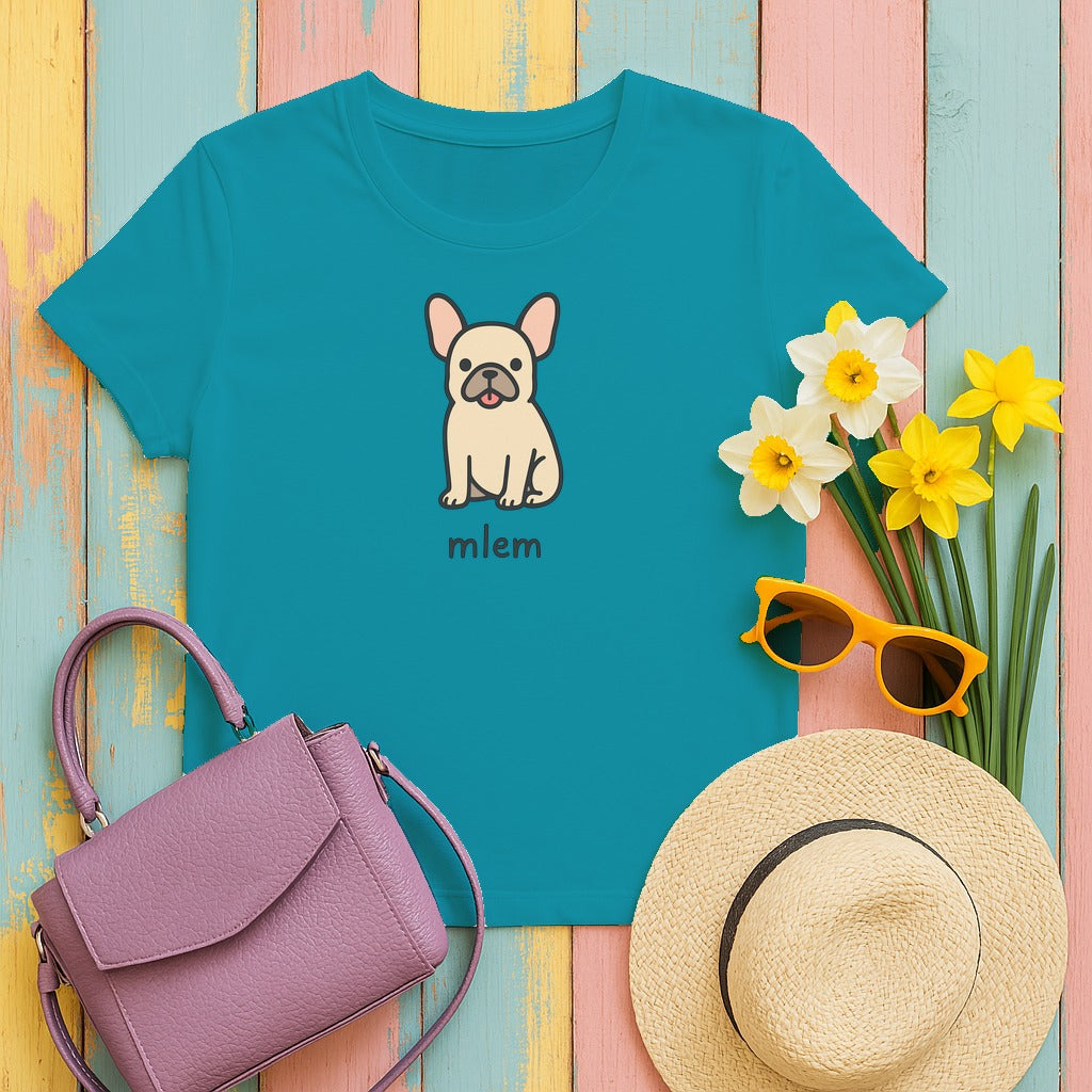 Cute French Bulldog with Mlem Expression Funny Dog T-Shirt in Tropical Blue