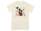 Four dogs of different breeds and colors sitting together, framed by graphic elements.