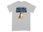 Grey t-shirt with "PROFESSIONAL HOUSEHOLD COMMENTATOR" text and a Sheltie dog.