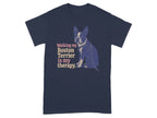 Dark blue t-shirt with Boston Terrier graphic and text.