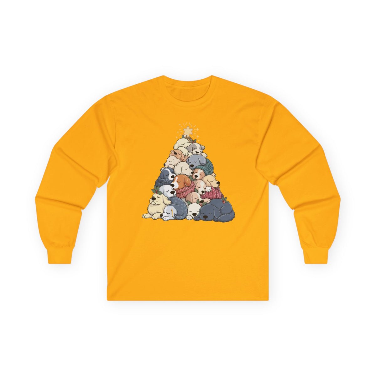 Sleeping Dogs Stacked Christmas Tree Funny Holiday Long Sleeve Tee in Gold