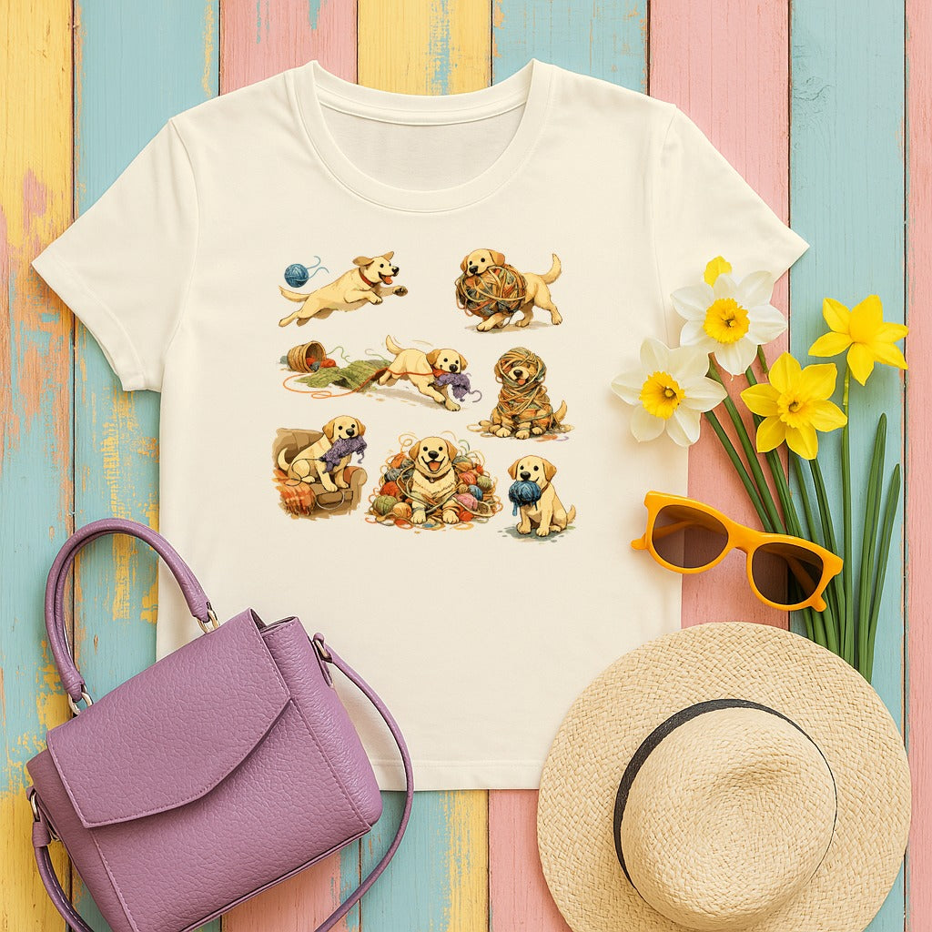 Playful Labrador & Yarn Watercolor T-shirt in Natural