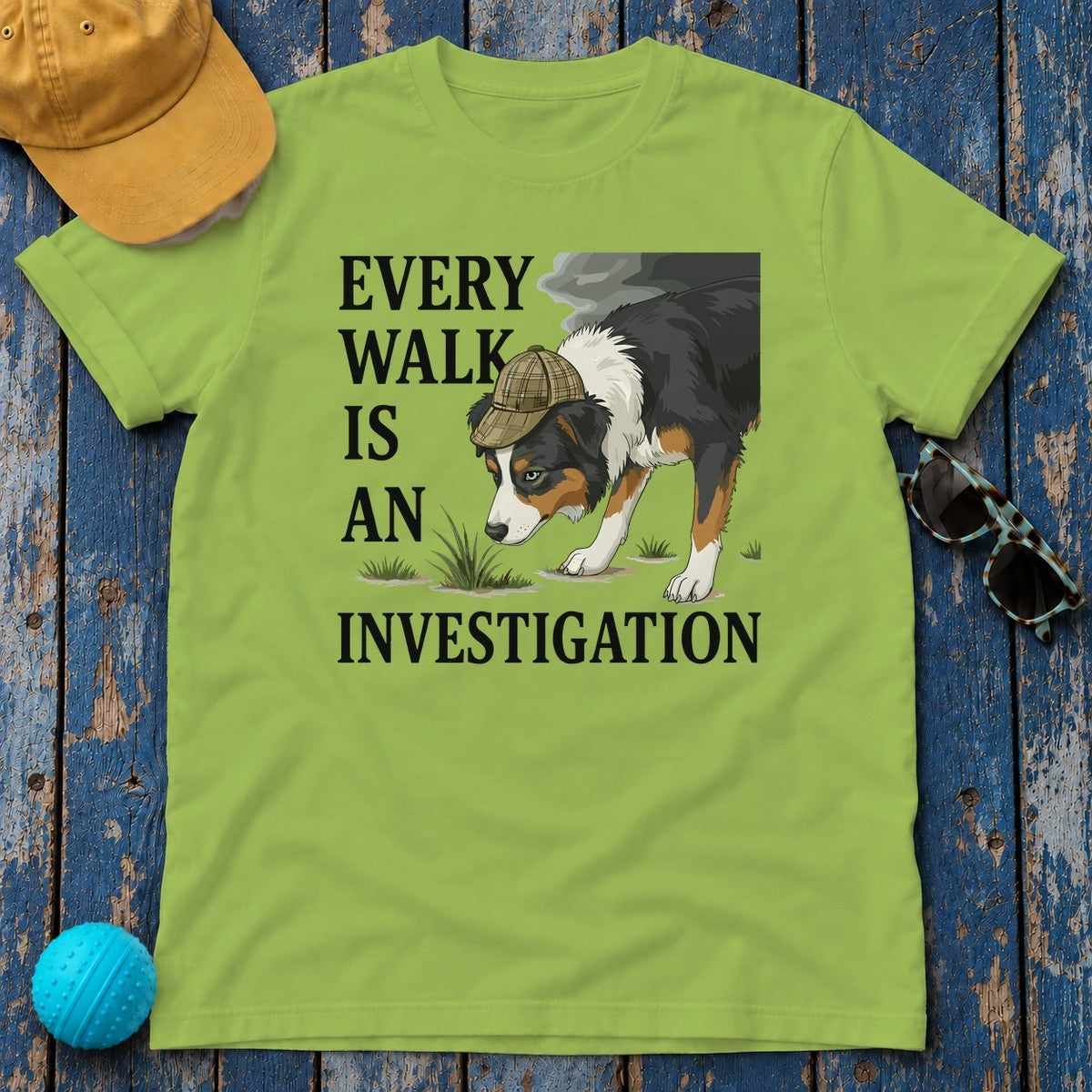 Every Walk Is An Investigation Australian Shepherd T-Shirt in Kiwi