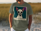Green t-shirt with a chihuahua portrait and text "ENDLESS HUNGER."