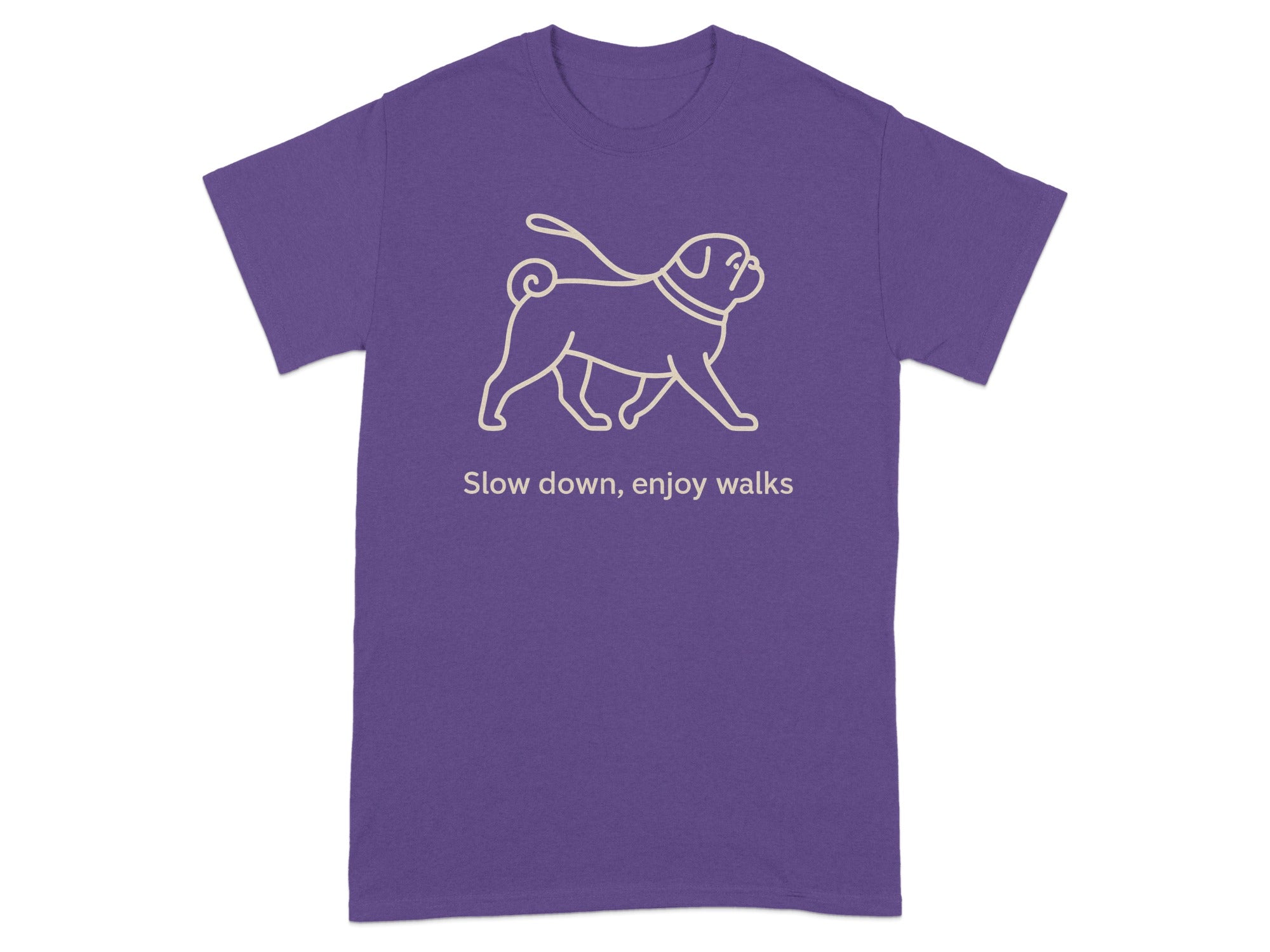 Purple t-shirt with a thin line drawing of a pug on a leash and text.