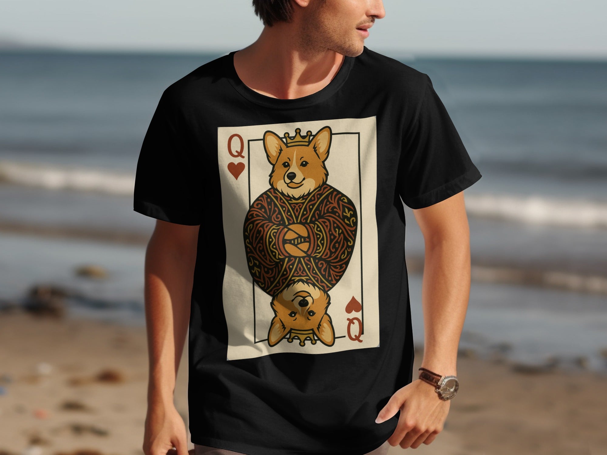 Black t-shirt with Queen of Hearts corgi playing card graphic.
