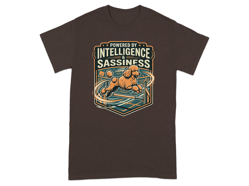 Brown t-shirt with graphic of a poodle jumping through a hoop.