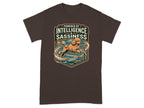 Brown t-shirt with graphic of a poodle jumping through a hoop.