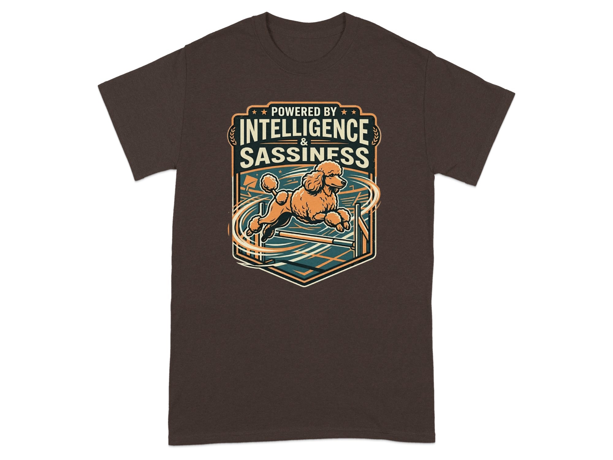 Brown t-shirt with graphic of a poodle jumping through a hoop.