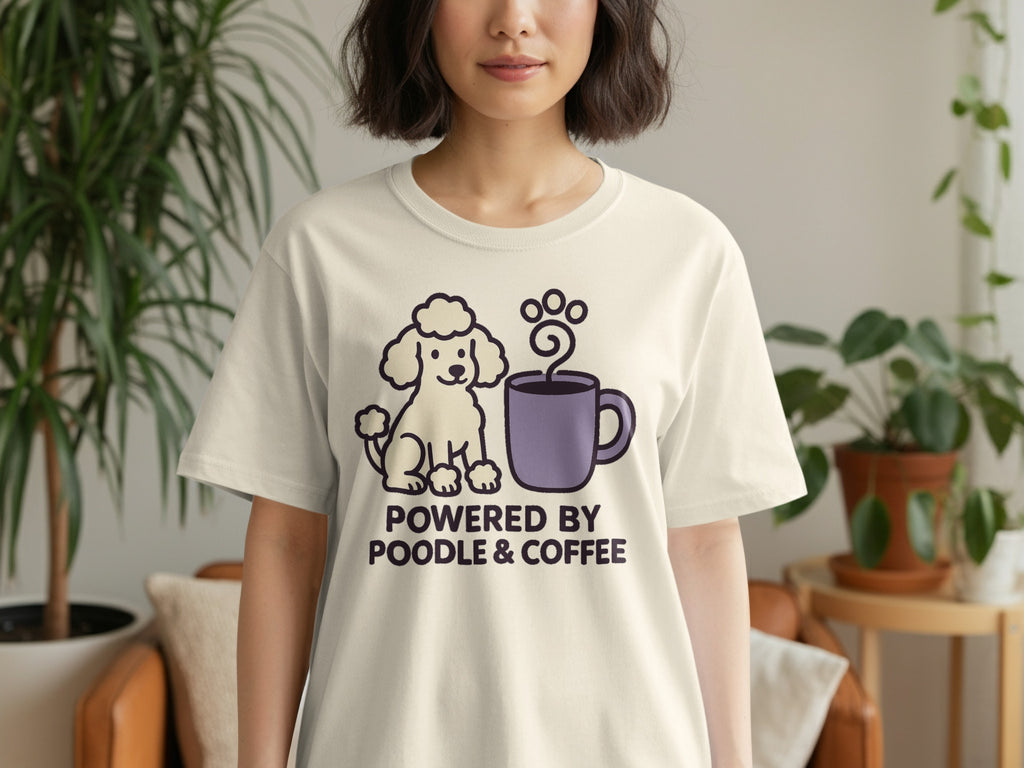 Cream t-shirt featuring a white cartoon poodle and a purple coffee mug with paw prints. Text reads: "POWERED BY POODLE & COFFEE".