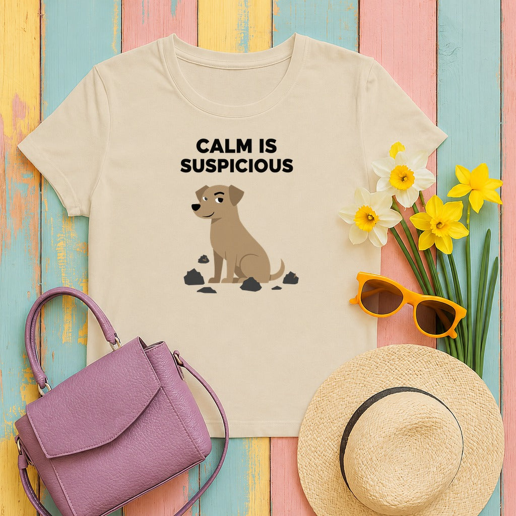 CALM IS SUSPICIOUS Dog Graphic Humorous Quote T-Shirt in Sand