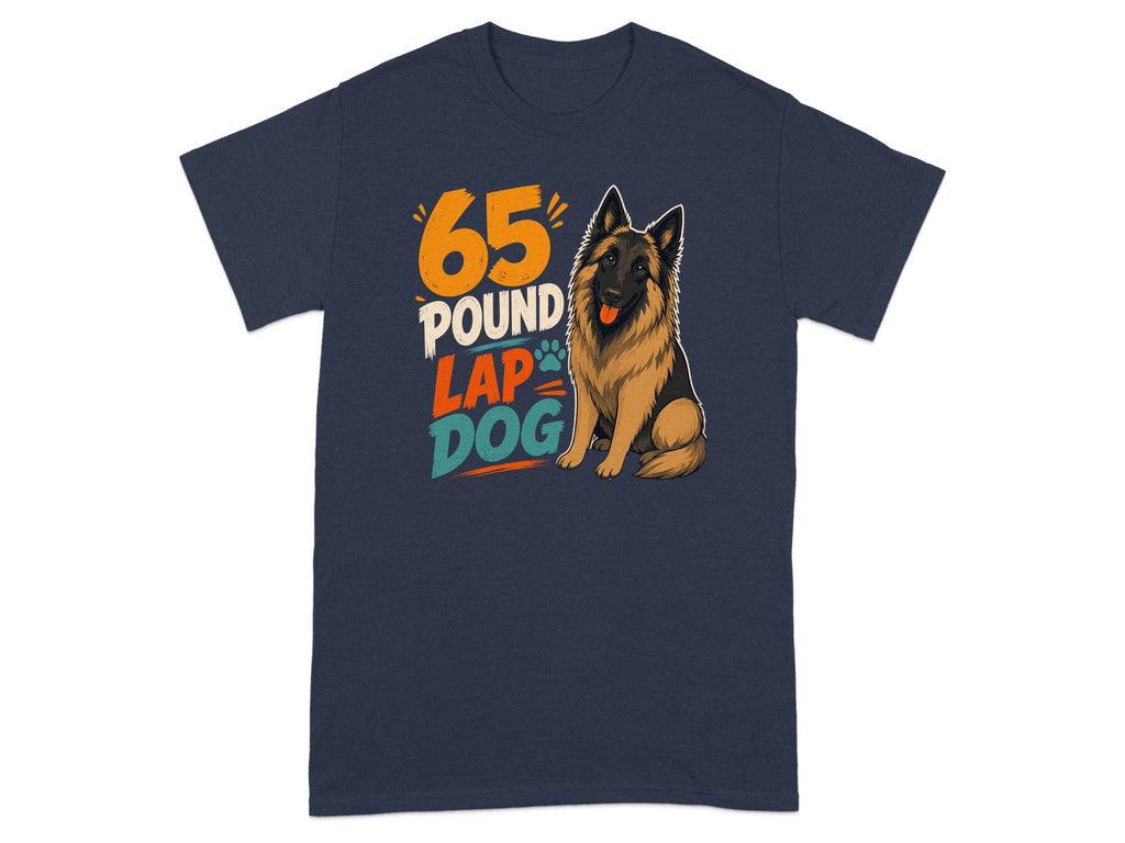Navy t-shirt with "65 POUND LAP DOG" text and a German Shepherd.