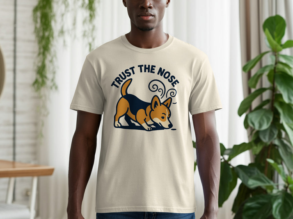 Cream t-shirt with a cartoon corgi and the text "TRUST THE NOSE".