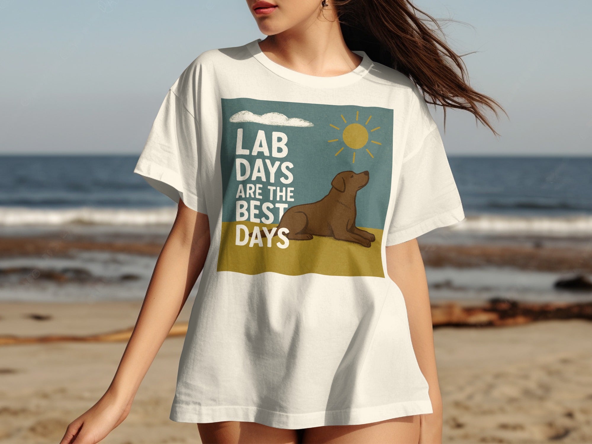 White t-shirt with a graphic of a brown dog and text that reads "LAB DAYS ARE THE BEST DAYS".