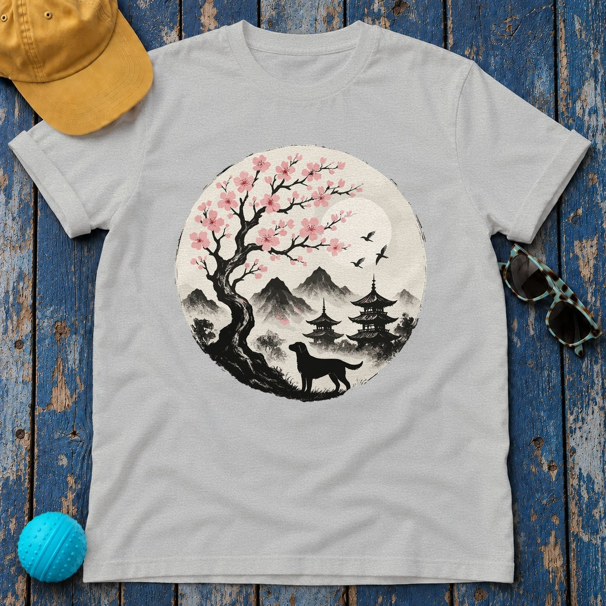 Labrador Under Cherry Blossoms T-Shirt in Sport Grey